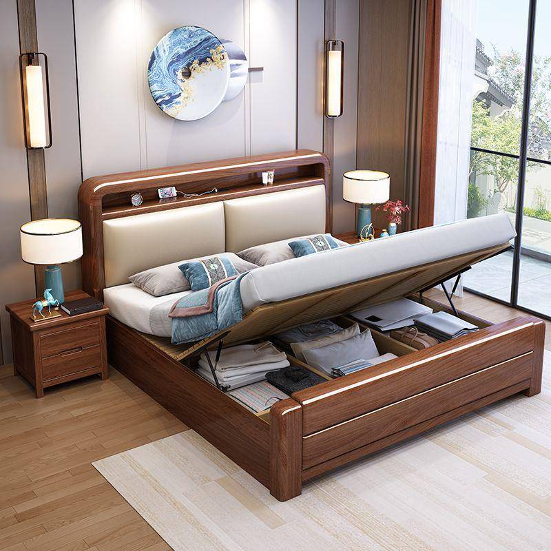 檬金丝胡桃木实木床纯主卧1.8x2米双大床1无品牌/.5榆米软靠婚床