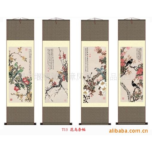 家居装饰唐寅仿古四条屏春夏秋冬丝绸画 卷轴成套国画T12