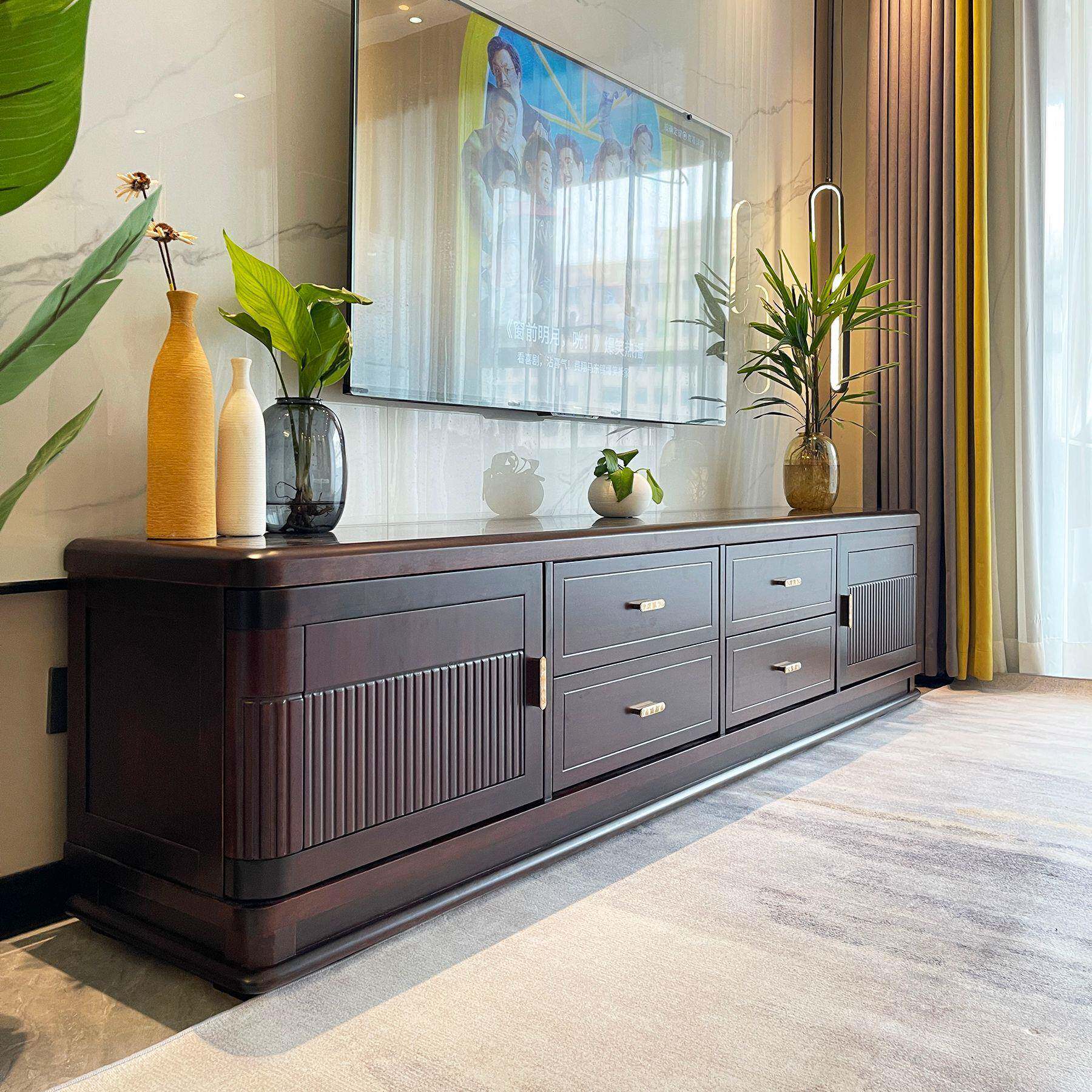 端新式电视柜茶几黑檀视木中客厅实木高718家具落地影柜中式风格