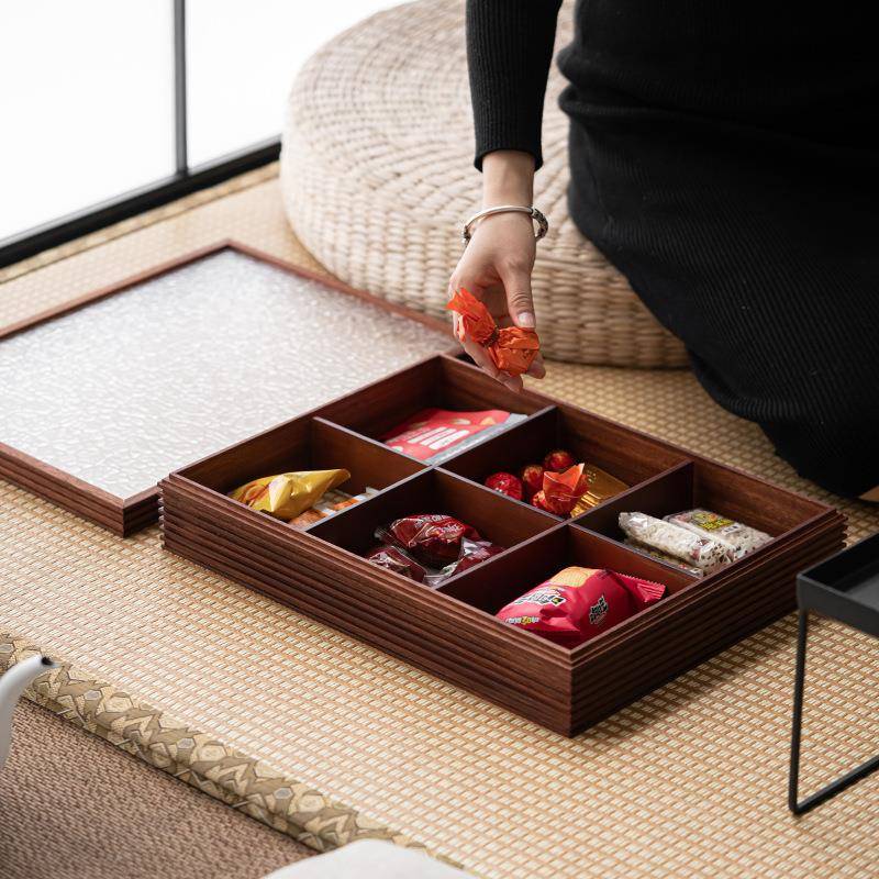 竹制茶点盘复古收纳点心围炉中煮分868015茶坚果盘六格茶桌盘格盘