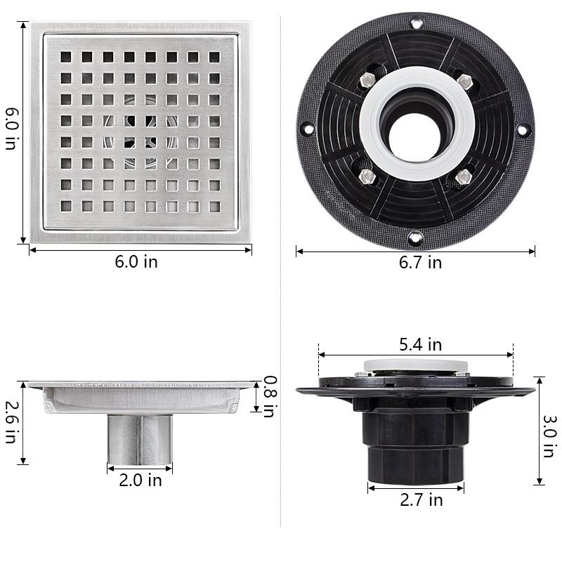 304不锈钢方地漏网防臭带法兰4in6英寸格网式地漏标美准连30815X1