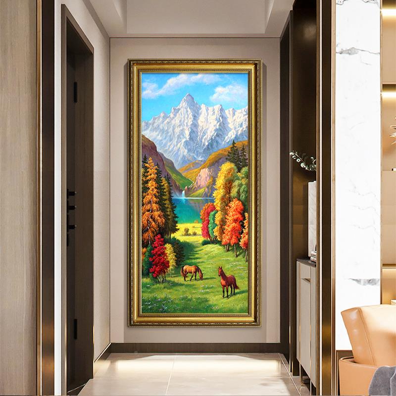 美式山水盆风景画聚宝入户玄关20220217式手绘油简约中轻奢雪山装