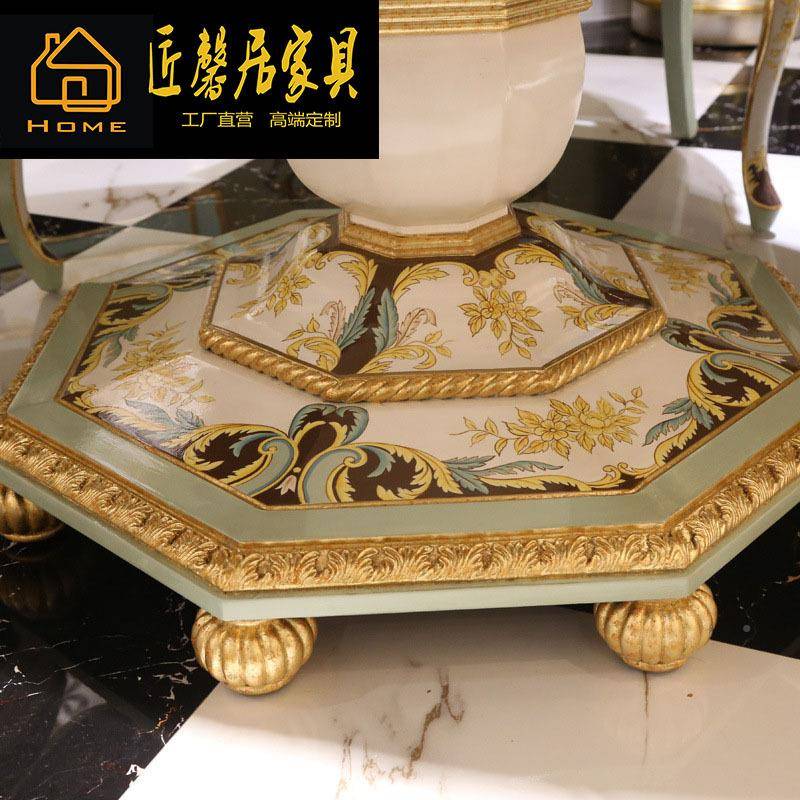 法式欧式手桃心木雕刻花绘贴桌金箔圆形白DSFG-875色餐蓝色靠垫餐