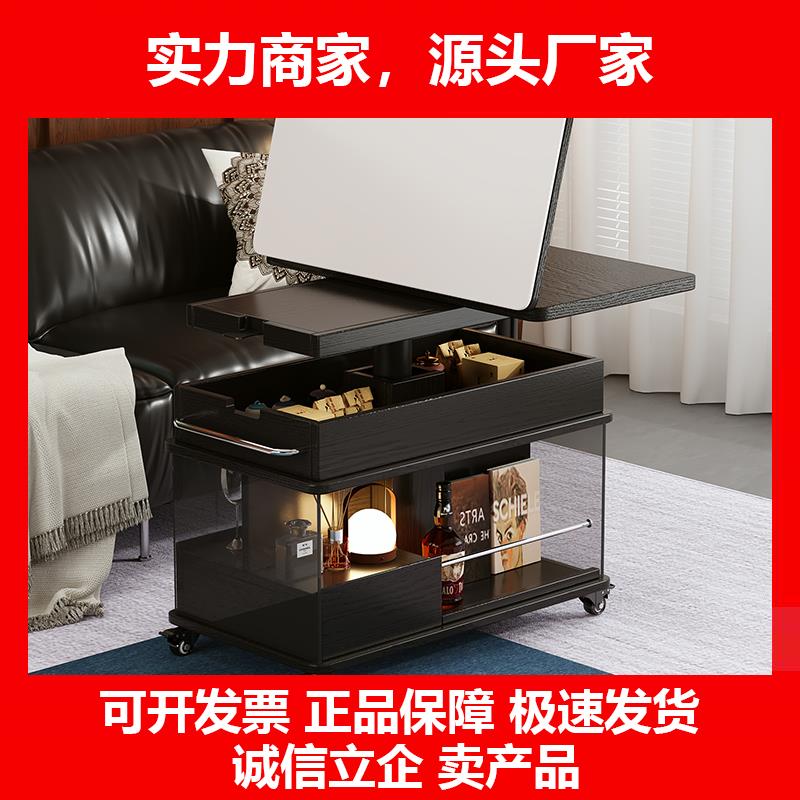 新款中古风小推车可升降可移动茶几沙发边几可摺叠带岩板复古推车