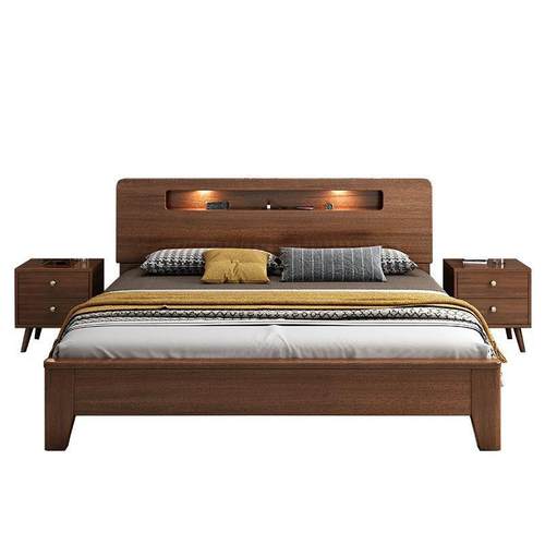 简约现代胡桃木实木床1米8床双人床主卧高箱储物床1.5米小户型床