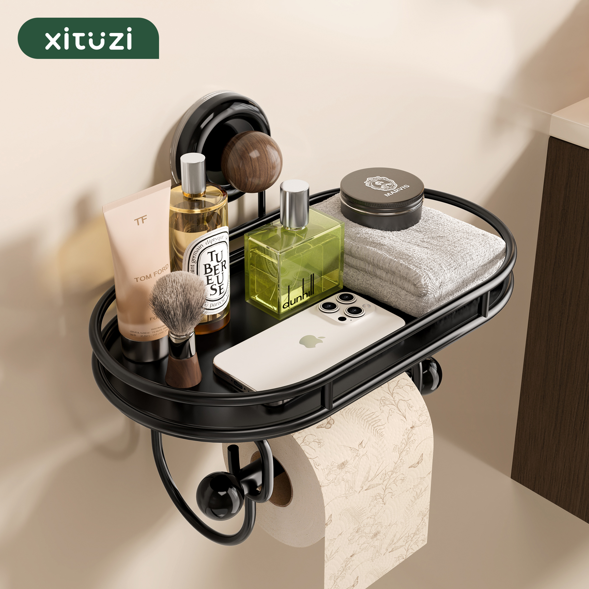 西图子吸盘卷纸置物架卫生间浴室壁挂免打孔多功能一体收纳纸巾架