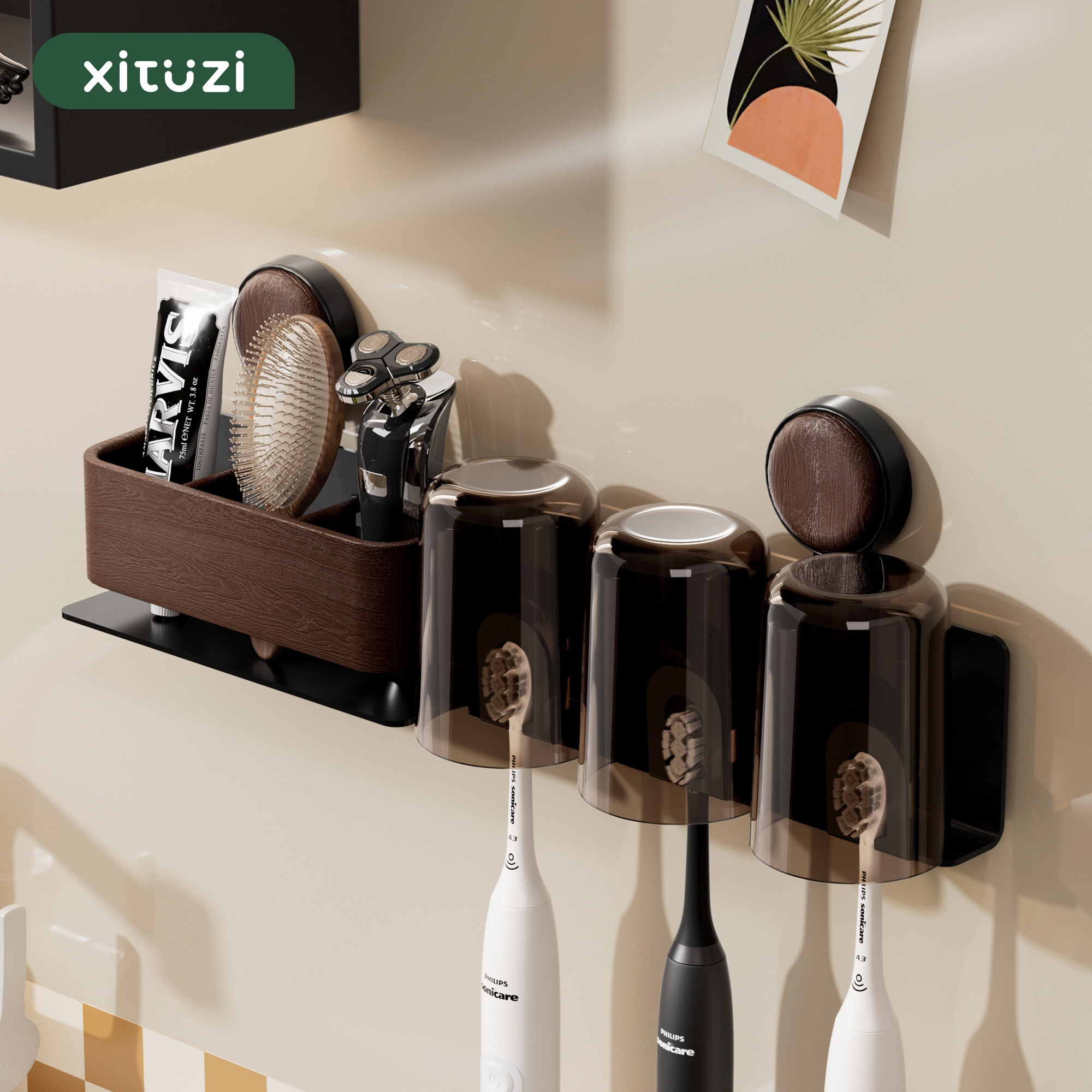 西图子2025新款吸盘牙刷置物架化妆室漱口杯壁挂电动牙具收纳层架