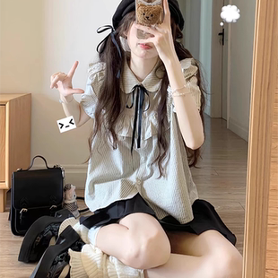女夏季 学院风条纹上衣荷叶边衬衫 娃娃领甜美减龄小个子衬衣韩系