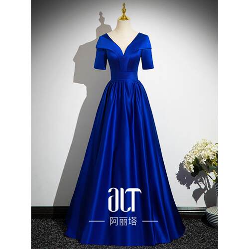 美声独唱礼服高级宝蓝缎面大气艺考声乐气质演出服大合唱团晚礼服