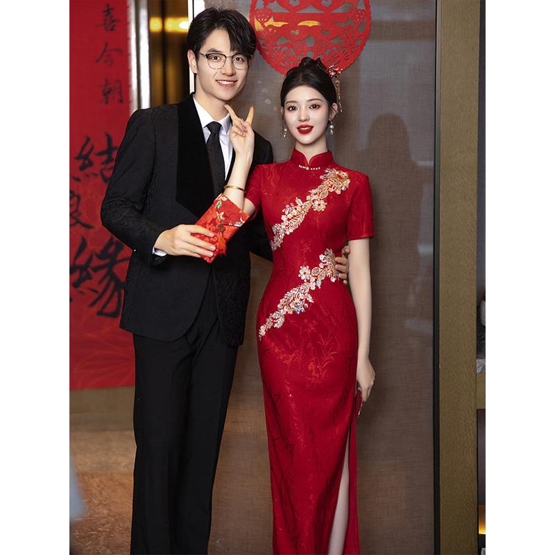 新中式重工红色结婚旗袍敬酒服2025新款新娘出席礼服裙订婚出阁宴