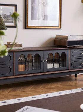 法式复视古款实木茶几电柜黑色美式客厅ADO地储物柜收纳网红落新