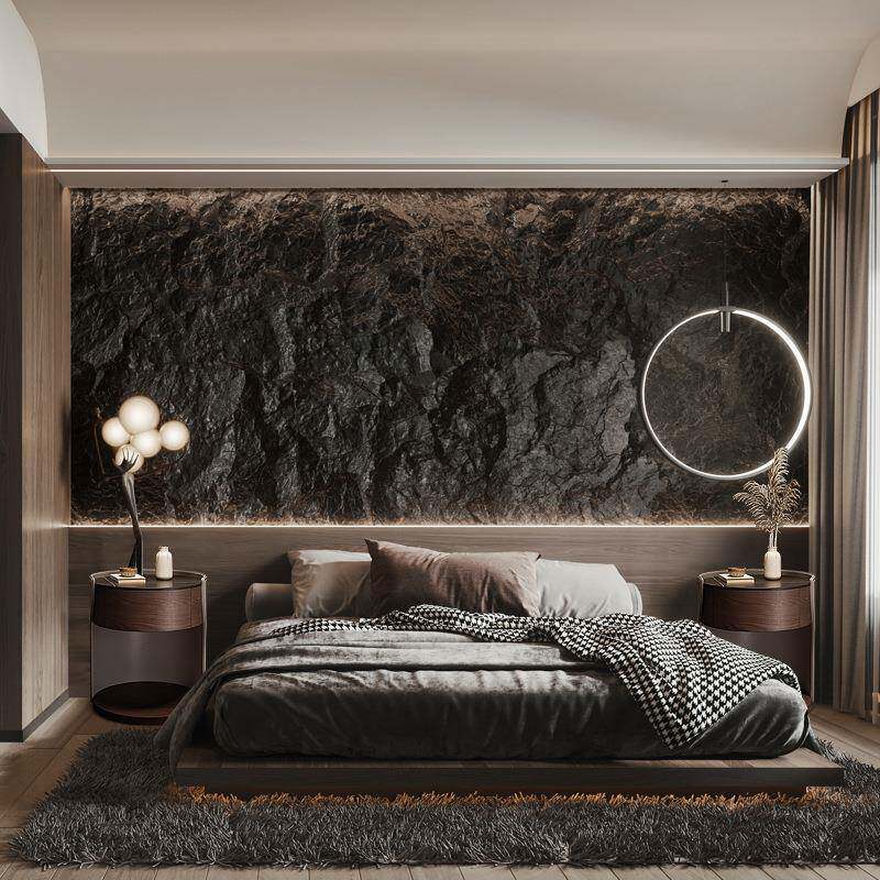 岩板皮质半圆形创意感端小型无品牌/实小户型设计高卧木室床轻奢