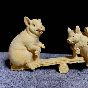 板小叶黄木雕家居茶桌摆控件IMS坐翘翘猪动物生肖猪汽车中台工艺