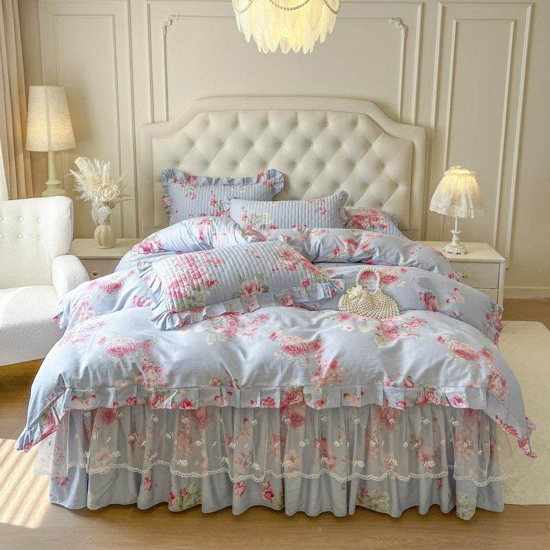 全棉蕾棉丝FJO花边印花床笠四裙四件套四季可用公裙主风纯被套床