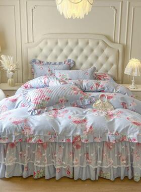 全棉蕾棉丝FJO花边印花床笠四裙四件套四季可用公裙主风纯被套床