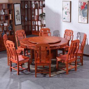 式 全实木圆中桌榆餐桌椅组合木大圆桌餐厅桌家用吃饭桌饭子带TWS
