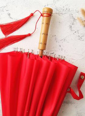 晴雨伞复古风木杆直柄2婚HVF4骨苏长柄结庆婚伞礼流新娘红伞摄影