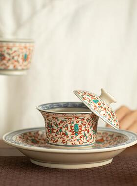 纯手工粉彩缠枝纹盖三碗壶承莲套装盖碗套A12097餐茶具泡才茶碗茶