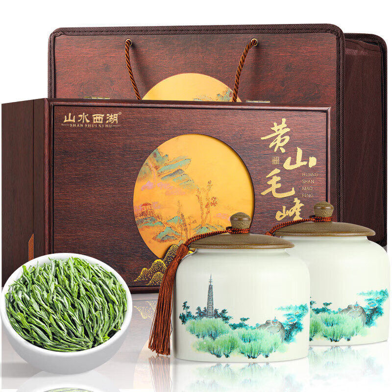 山水西湖绿茶黄山毛峰特级新茶明前头采嫩芽茶叶礼盒装140g