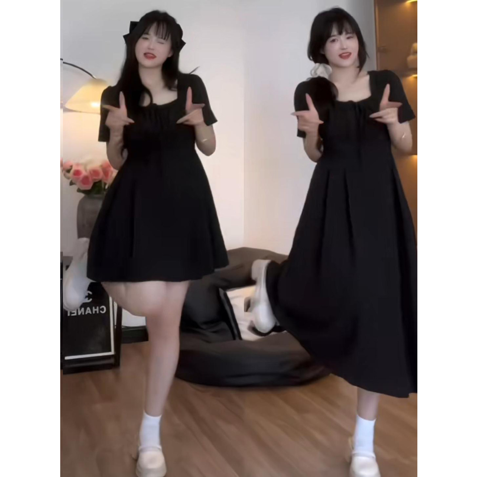 大码苹果型身材连衣裙女夏季胖mm显瘦遮肚子藏肉方领法式格子裙子