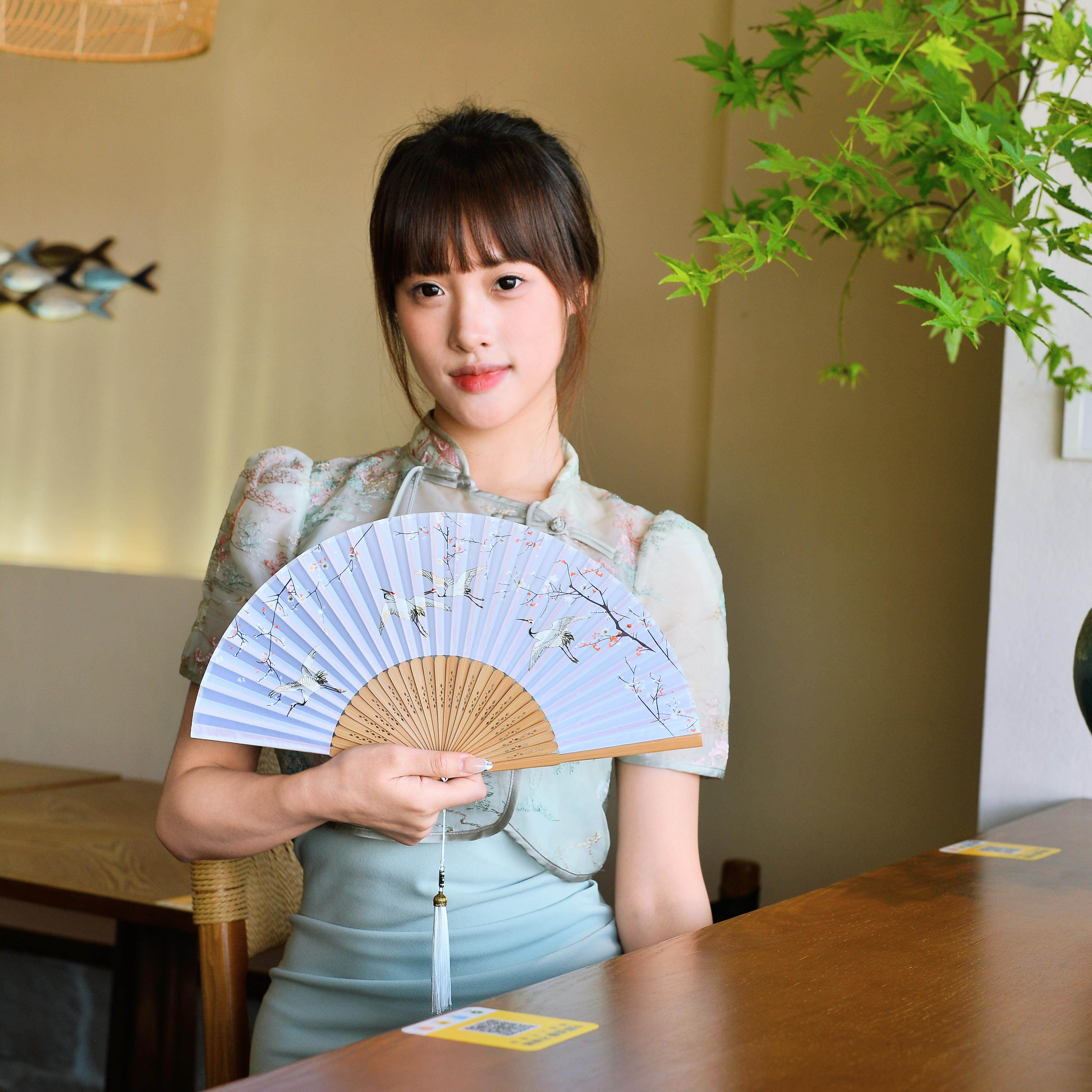 典中式古竹风折扇女仙鹤梅花图案季制古流苏小扇I子夏便携