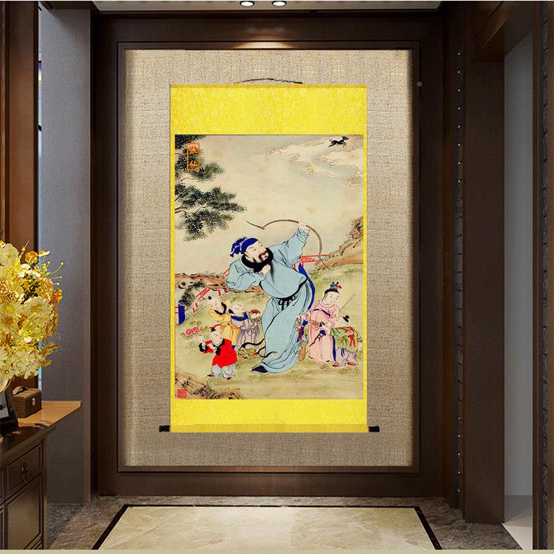 张仙送子子画 吉画像挂画护 画张仙射狗卷轴供奉壁结JHN缘祥神丝