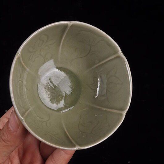 越窑青茶盏手工刻花功夫杯茶茶具中式古典茶杯茶托萱草花纹瓷IKN