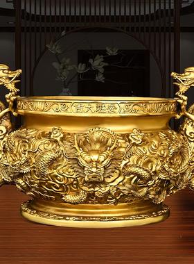 黄铜九龙香炉摆件大号圆底炉双龙家用室内供奉香薰炉工艺品龙戏珠