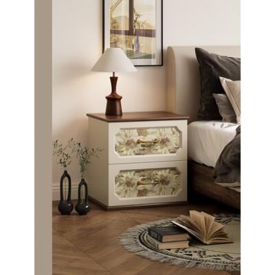 谷及 中古印花抽屉床头柜实木家用卧室床边柜小型储物置物架边几