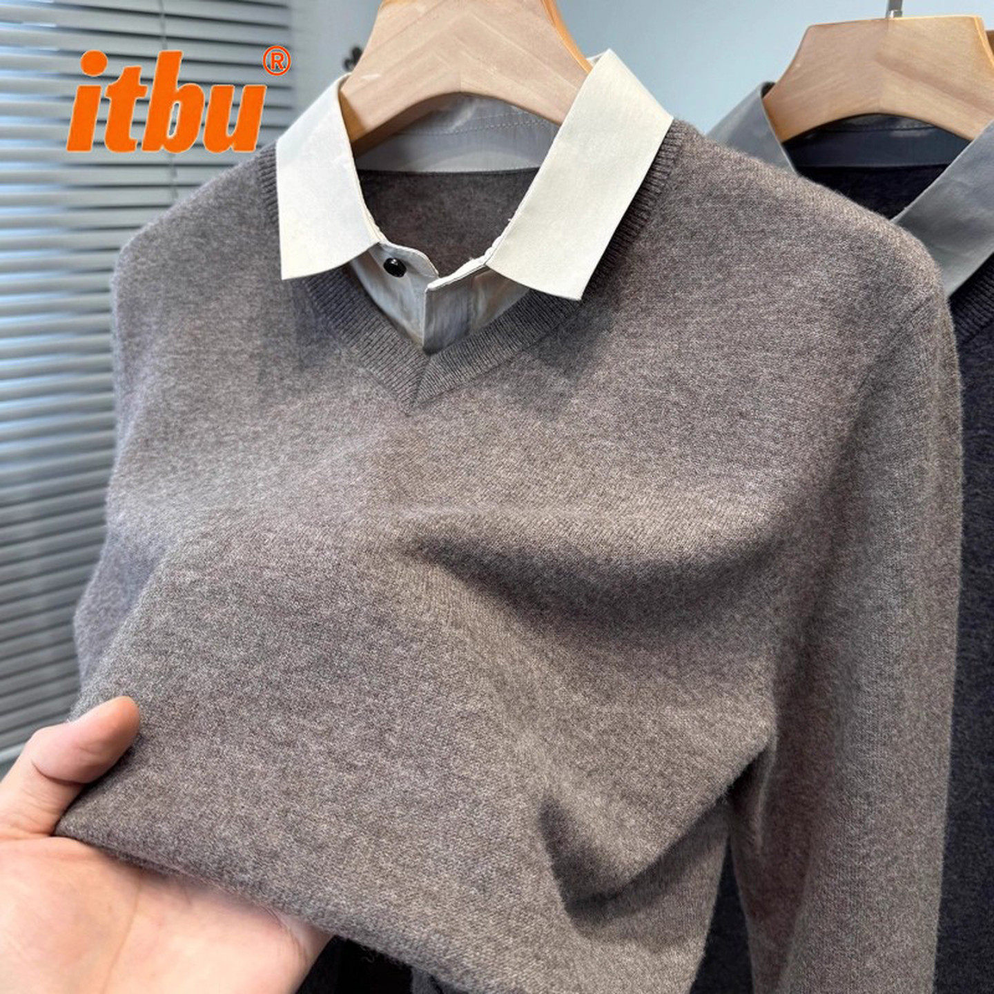 绵羊毛衫男士假两件针织衫2025新款冬季保暖衬衫领打底衫毛衣男款