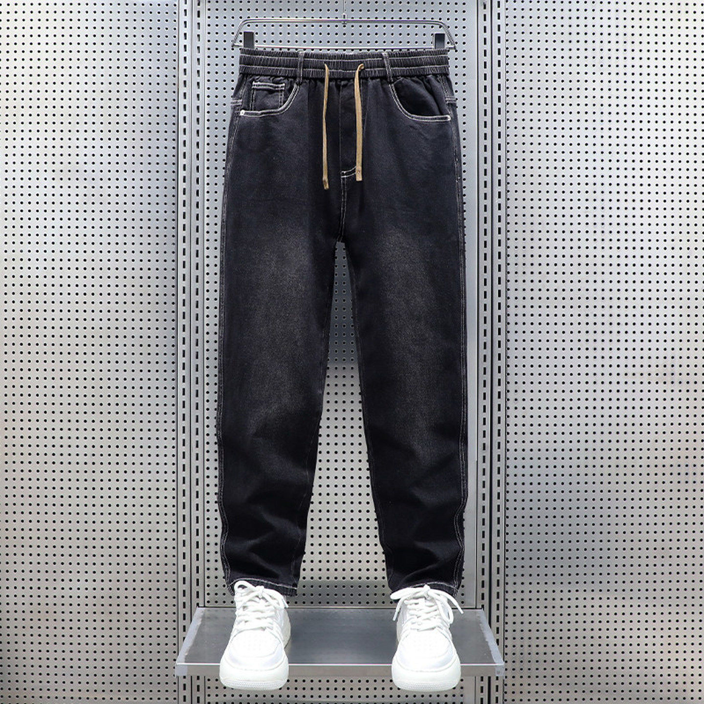高端复古直筒抽绳牛仔裤男士2025新款冬装男裤休闲弹力长裤子男款