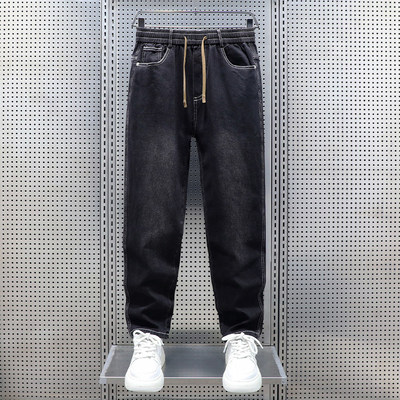 高端复古直筒抽绳牛仔裤男士2025新款冬装男裤休闲弹力长裤子男款