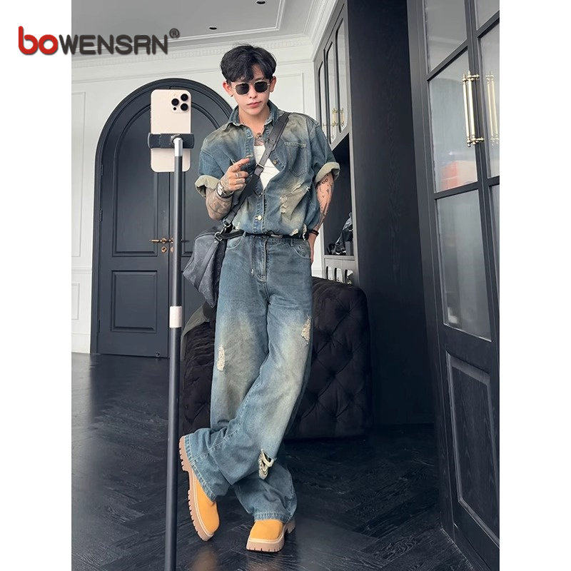 美式水洗破洞牛仔短袖衬衫男士套装2026新款夏季搭配帅气一套男款