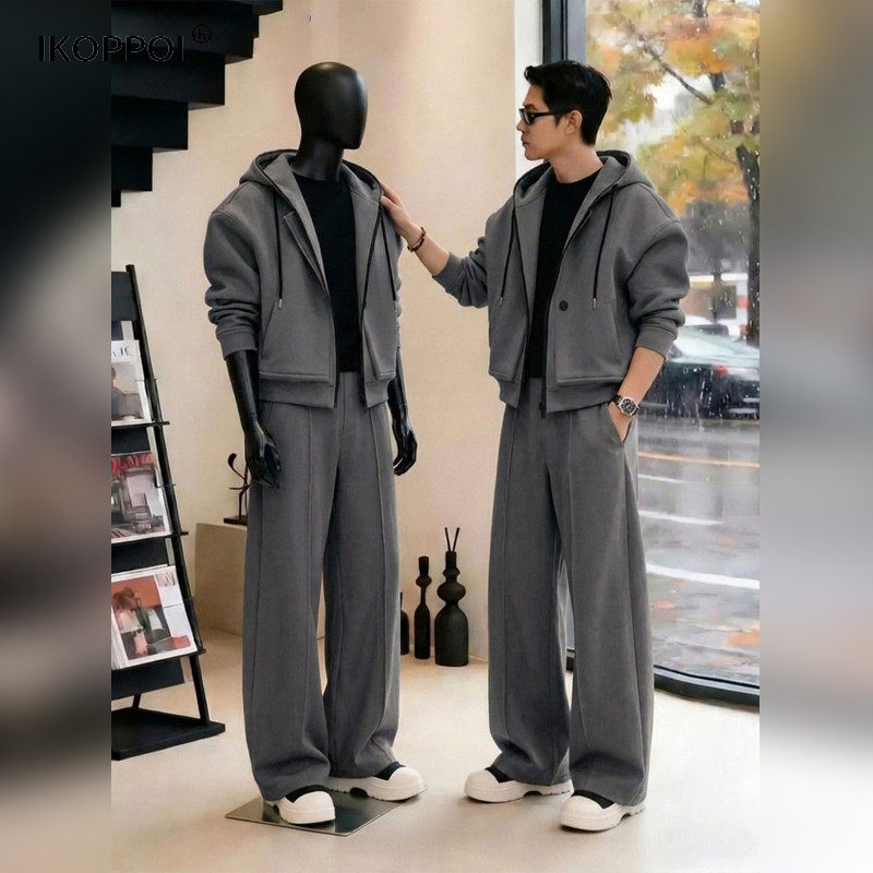 高端灰色套装痞帅高街男士2026秋季潮短款连帽卫衣垂感直筒休闲裤