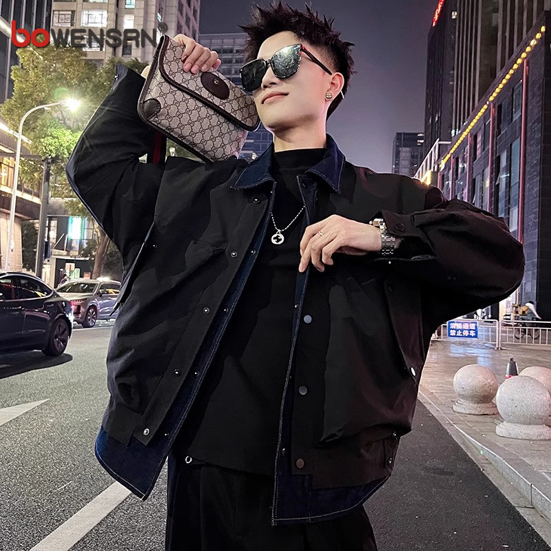 潮牌假两件棉服外套男士2026新款春秋冬季痞帅气牛仔拼接夹克男款