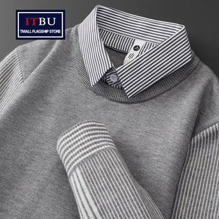 高级感条纹假两件男毛衣男士冬季2025新款保暖商务羊绒针织衫男款