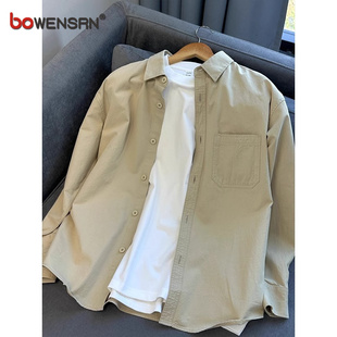 潮牌卡其色长袖衬衫男士春秋季2025新款工装短袖衬衣外套男款夏季
