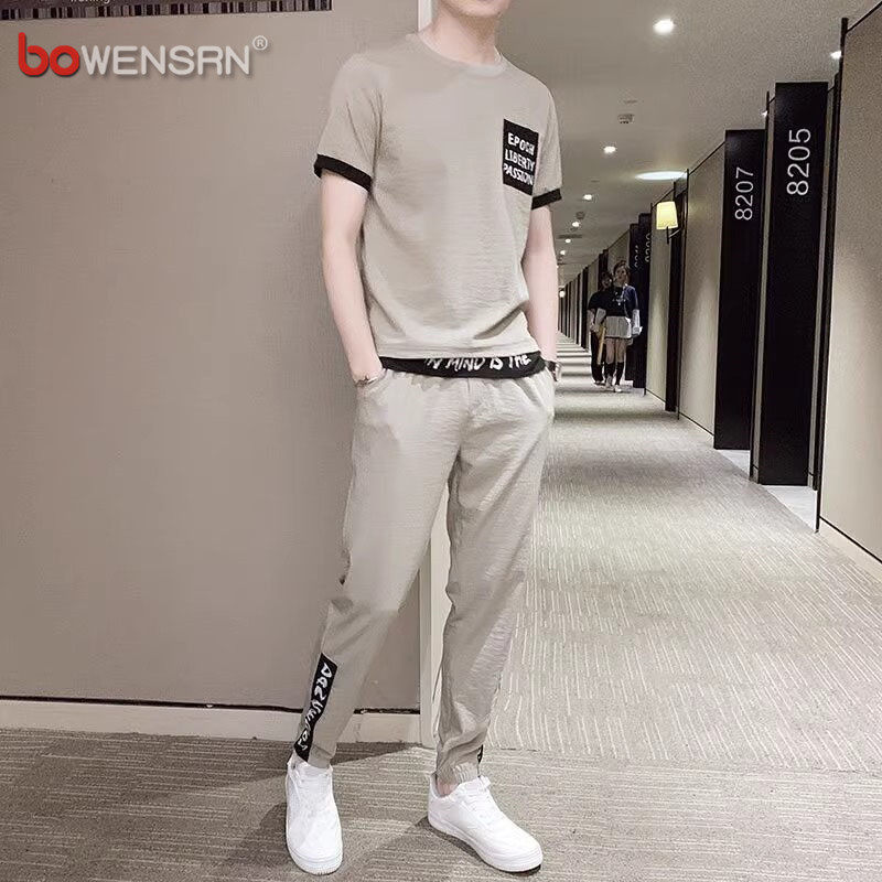 高端休闲运动套装男士夏季2026新款冰丝短袖T恤长裤搭配一套男装