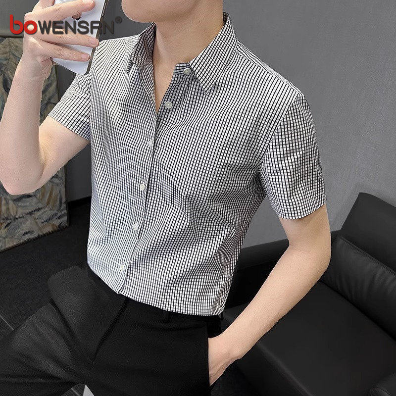 高端格子短袖衬衫男士2026夏季新款商务免烫冰丝长袖衬衣男款春秋