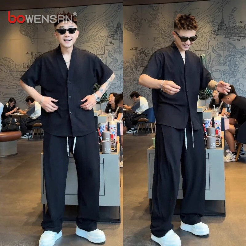 新中式国风V领肌理感男士短袖套装2026新款夏季衬衫裤子一套男装