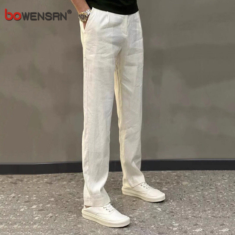 高端白色亚麻休闲裤男士2026新款夏季薄款男裤修身直筒长裤子男款