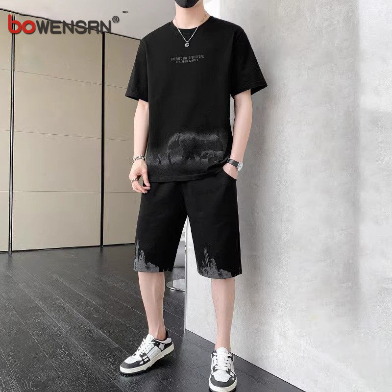 潮牌冰丝休闲运动套装男士短袖T恤2026新款夏季短裤男装搭配一套