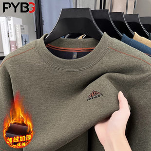 加绒加厚德绒卫衣男款冬季2025新款圆领保暖爸爸装男士卫衣打底衫