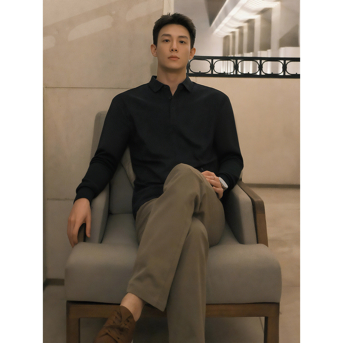 韩国Uamtor黑色正肩polo衫长袖t恤男生春秋轻熟风英伦重磅打底衫