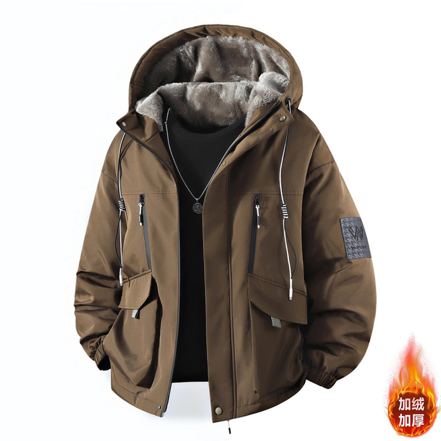 高端加绒加厚冲锋衣外套男士2025年新款冬季连帽户外工装夹克男款