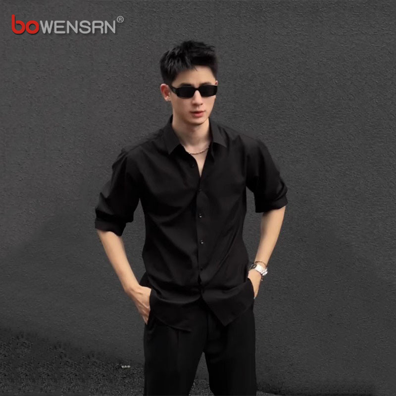 那不勒斯黑色衬衫男士短袖2026新款夏季痞帅高级感五分袖衬衣男款