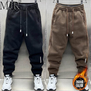 潮牌咖色灯芯绒裤子男冬季新款宽松加绒加厚卫裤男百搭束脚哈伦裤