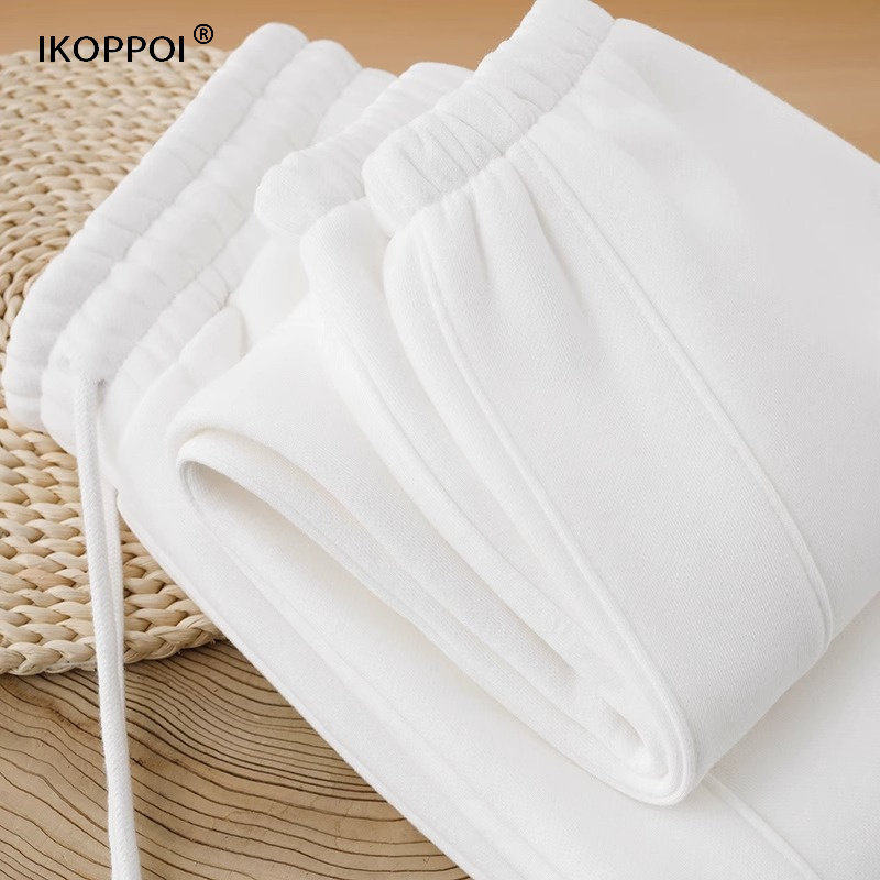 高端休闲百搭白色加绒加厚卫裤2025秋冬季宽松保暖纯色束脚裤男女