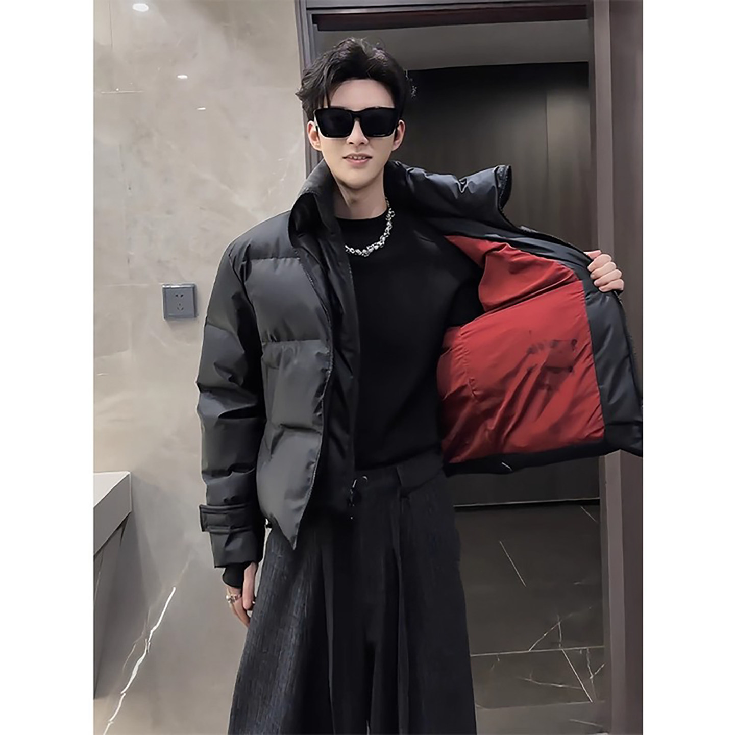 韩国Uamtor美式立领假两件羽绒棉服男冬季加厚保暖面包服短款外套