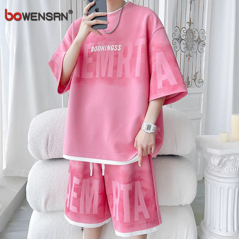 冰丝短袖t恤男士套装夏季2026新款潮牌帅气搭配短裤一套夏装男款